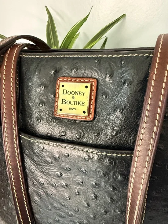 Dooney & Bourke Lexington Black Ostrich Style Leather Brown Trim Tote Bag - Picture 2 of 13